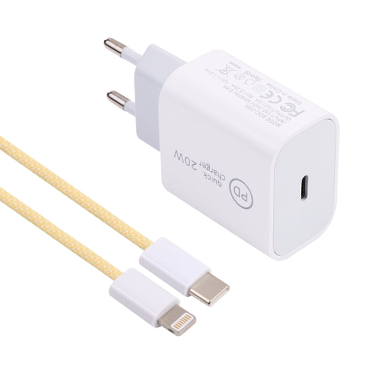 SDC-20W PD USB-C / Type-C Travel Charger + 1m 20W USB-C / Type-C to 8 Pin Data Cable Set, EU Plug(Yellow) - USB Charger by buy2fix | Online Shopping UK | buy2fix