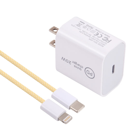 SDC-20W PD USB-C / Type-C Travel Charger + 1m 20W USB-C / Type-C to 8 Pin Data Cable Set, US Plug(Yellow) - USB Charger by buy2fix | Online Shopping UK | buy2fix