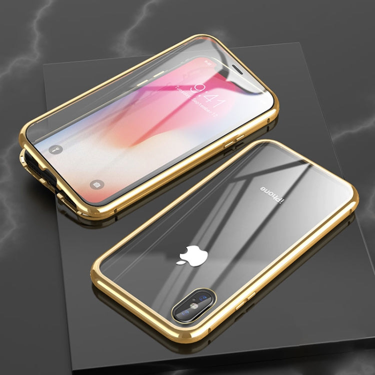 For iPhone X / XS Ultra Slim Double Sides Magnetic Adsorption Angular Frame Tempered Glass Magnet Flip Case(Gold) - More iPhone Cases by buy2fix | Online Shopping UK | buy2fix