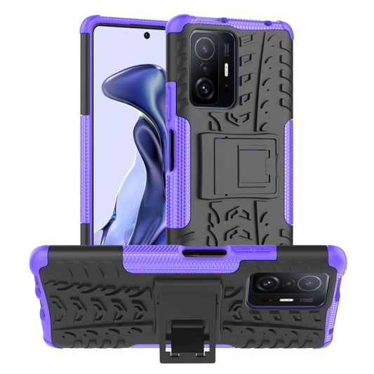 For Xiaomi Mi 11T Tire Texture TPU + PC Phone Case with Holder(Purple) by buy2fix