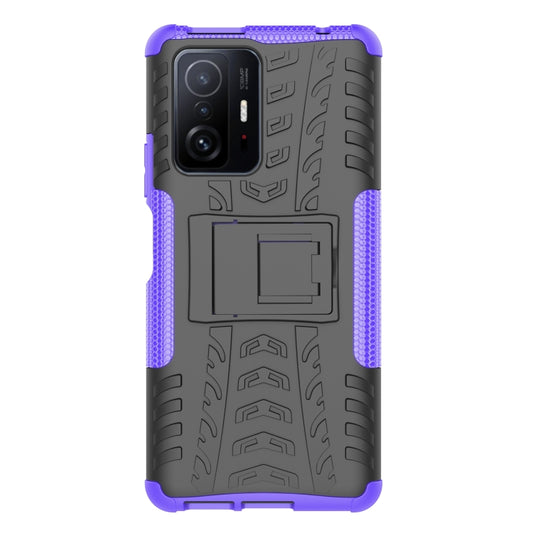 For Xiaomi Mi 11T Tire Texture TPU + PC Phone Case with Holder(Purple) by buy2fix