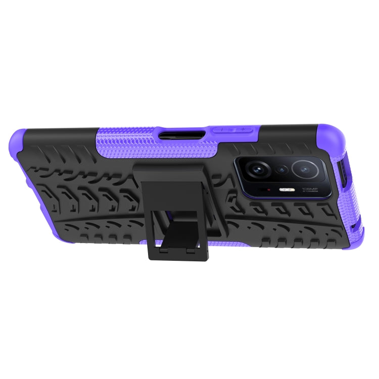 For Xiaomi Mi 11T Tire Texture TPU + PC Phone Case with Holder(Purple) by buy2fix