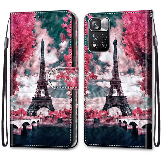 For Xiaomi Redmi Note 11 Pro/11 Pro+ Coloured Drawing Cross Texture Horizontal Flip Leather Phone Case with Holder & Card Slots & Wallet & Lanyard(Pink Flower Tower Bridge) - Xiaomi Cases by buy2fix | Online Shopping UK | buy2fix
