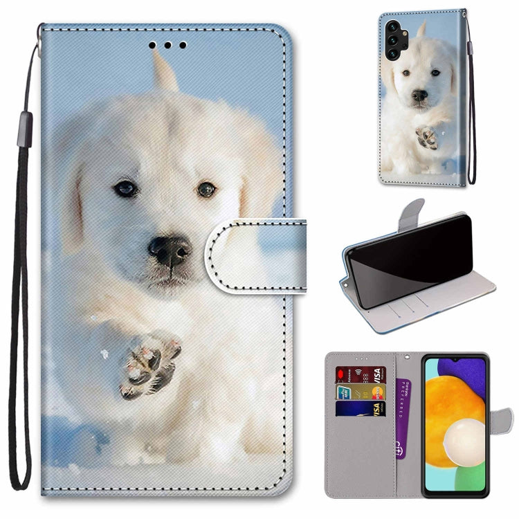 For Samsung Galaxy A13 4G Coloured Drawing Cross Texture Horizontal Flip Leather Phone Case with Holder & Card Slots & Wallet & Lanyard(Snow Puppy) by buy2fix