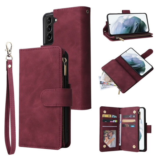 For Samsung Galaxy S22 5G Multifunctional Phone Leather Case with Card Slot & Holder & Zipper Wallet & Photo Frame(Wine Red) - Galaxy S22 5G Cases by buy2fix | Online Shopping UK | buy2fix