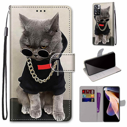 For Xiaomi Redmi Note 11 Pro / 11 Pro+ Global Coloured Drawing Cross Texture Horizontal Flip PU Phone Leather Case with Holder & Card Slots & Wallet & Lanyard(Colorful Layer(Golden Chain Grey Cat) by buy2fix