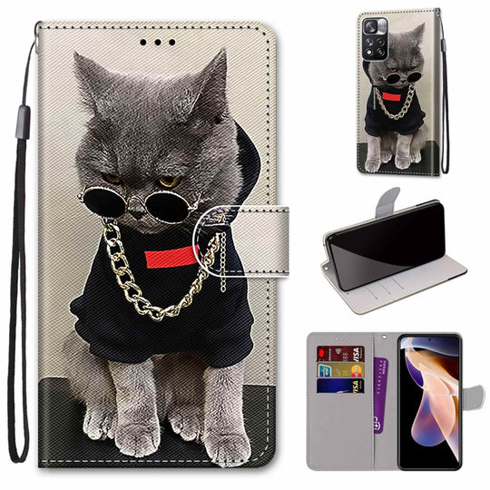 For Xiaomi Redmi Note 11 Pro / 11 Pro+ Global Coloured Drawing Cross Texture Horizontal Flip PU Phone Leather Case with Holder & Card Slots & Wallet & Lanyard(Colorful Layer(Golden Chain Grey Cat)
