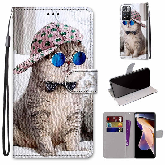 For Xiaomi Redmi Note 11 Pro / 11 Pro+ Global Coloured Drawing Cross Texture Horizontal Flip PU Phone Leather Case with Holder & Card Slots & Wallet & Lanyard(Colorful Layer(Oblique Hat Blue Mirror Cat) by buy2fix