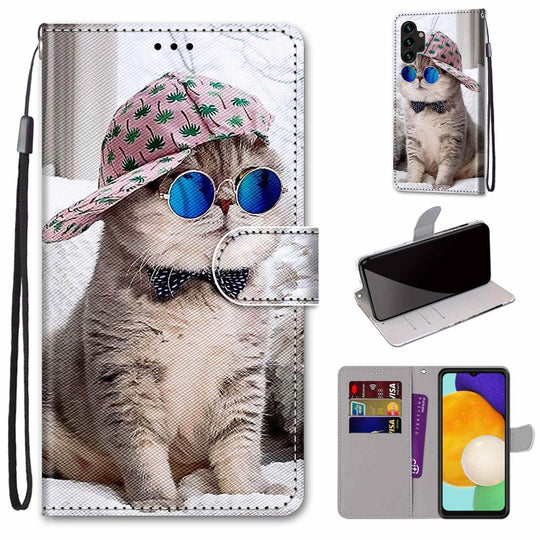 For Samsung Galaxy A13 4G Coloured Drawing Cross Texture Horizontal Flip PU Phone Leather Case with Holder & Card Slots & Wallet & Lanyard(Colorful Layer(Oblique Hat Blue Mirror Cat)