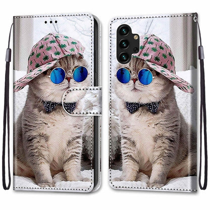 For Samsung Galaxy A13 4G Coloured Drawing Cross Texture Horizontal Flip PU Phone Leather Case with Holder & Card Slots & Wallet & Lanyard(Colorful Layer(Oblique Hat Blue Mirror Cat) by buy2fix
