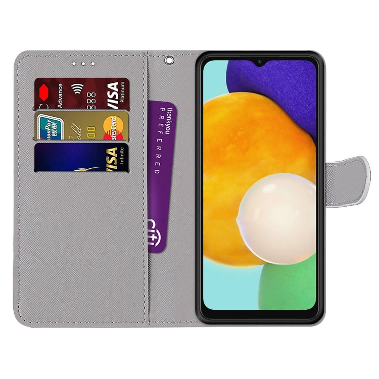 For Samsung Galaxy A13 4G Coloured Drawing Cross Texture Horizontal Flip PU Phone Leather Case with Holder & Card Slots & Wallet & Lanyard(Colorful Layer(Oblique Hat Blue Mirror Cat) by buy2fix
