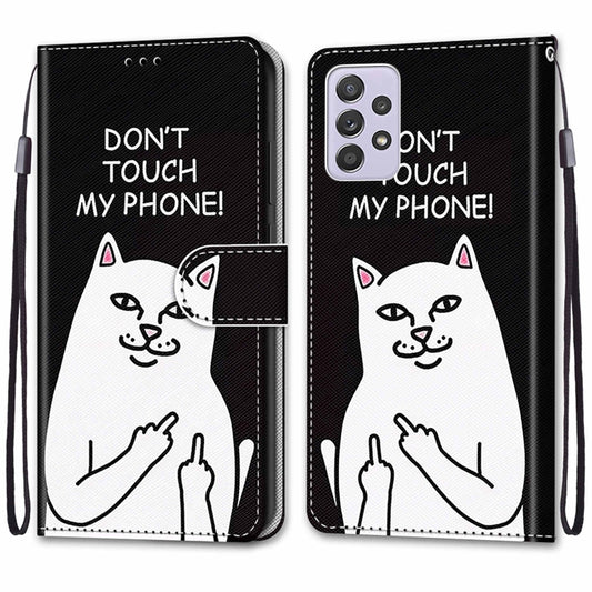 For Samsung Galaxy A33 5G Coloured Drawing Cross Texture Horizontal Flip PU Phone Leather Case with Holder & Card Slots & Wallet & Lanyard(Colorful Layer(Middle Finger White Cat) by buy2fix