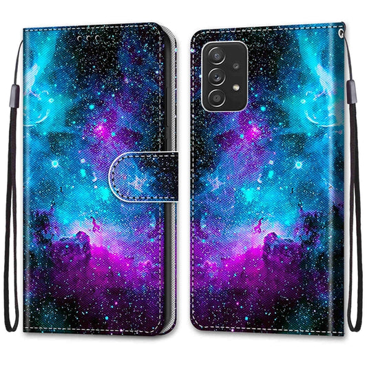 For Samsung Galaxy A53 5G Global Coloured Drawing Cross Texture Horizontal Flip PU Phone Leather Case with Holder & Card Slots & Wallet & Lanyard(Colorful Layer(Purple Green Starry Sky) by buy2fix