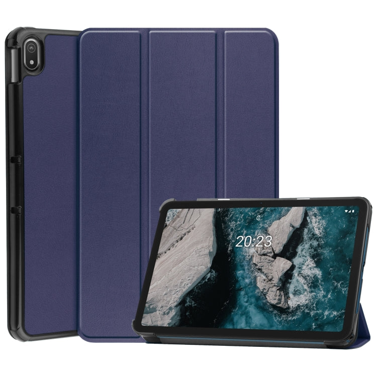 For Nokia T20 Three-folding Holder Custer Texture Leather Tablet Case(Dark Blue) - Nokia by buy2fix | Online Shopping UK | buy2fix