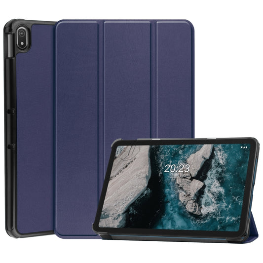 For Nokia T20 Three-folding Holder Custer Texture Leather Tablet Case(Dark Blue) - Nokia by buy2fix | Online Shopping UK | buy2fix