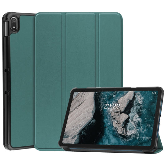 For Nokia T20 Three-folding Holder Custer Texture Leather Tablet Case(Dark Green) - Nokia by buy2fix | Online Shopping UK | buy2fix