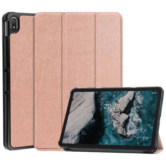 For Nokia T20 Three-folding Holder Custer Texture Leather Tablet Case(Rose Gold) - Nokia by buy2fix | Online Shopping UK | buy2fix