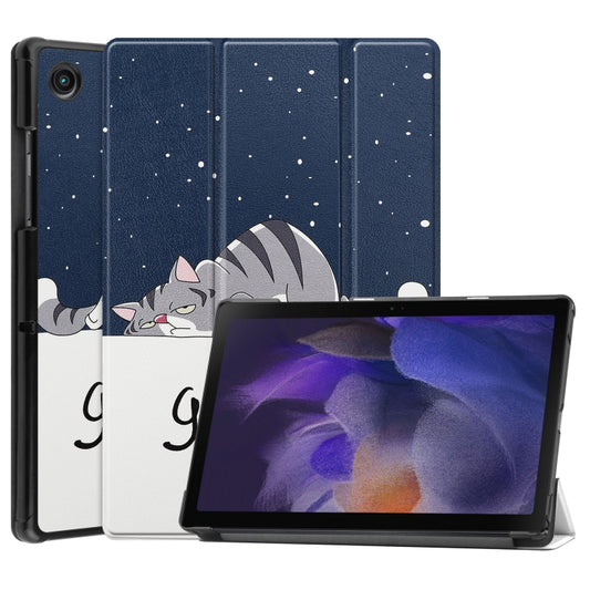 For Samsung Galaxy Tab A8 2021 Painted Leather Tablet Case with 3-Fold Holder(Lazy Cat) - Other Galaxy Tab PC by buy2fix | Online Shopping UK | buy2fix