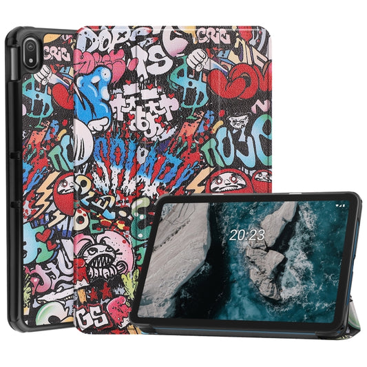 For Nokia T20 Painted Leather Tablet Case with 3-Fold Holder(Graffiti) - Nokia by buy2fix | Online Shopping UK | buy2fix