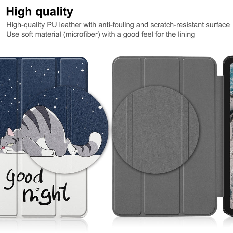 For Nokia T20 Painted Leather Tablet Case with 3-Fold Holder(Lazy Cat) - Nokia by buy2fix | Online Shopping UK | buy2fix