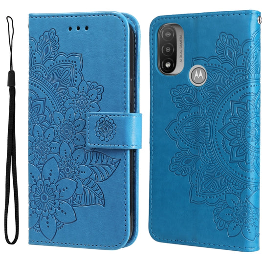 For Motorola Moto E20 / E30 / E40 7-petal Flowers Embossing Pattern Horizontal Flip CasePhone Case(Blue)