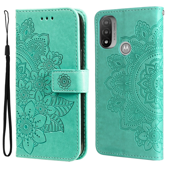 For Motorola Moto E20 / E30 / E40 7-petal Flowers Embossing Pattern Horizontal Flip CasePhone Case(Green)