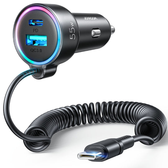 JOYROOM JR-CL07 3 in 1 72W PD USB-C / Type-C + USB Interface Car Charger with USB-C / Type-C Spring Data Cable(Black)