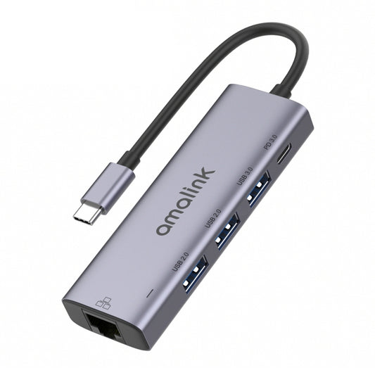 amalink 95121D Type-C / USB-C to RJ45 + 3 Ports USB + PD 3.0 Multi-function HUB(Grey) - USB HUB by amalink | Online Shopping UK | buy2fix