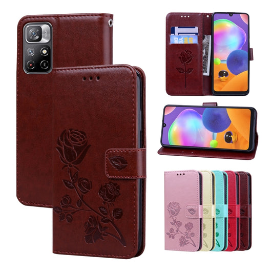For Xiaomi Redmi Note 11T 5G / Poco M4 Pro 5G Rose Embossed Leather Phone Case(Brown) - Xiaomi Cases by buy2fix | Online Shopping UK | buy2fix