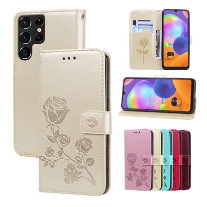 For Samsung Galaxy S22 Ultra 5G Rose Embossed Leather Phone Case(Gold) - Galaxy S22 Ultra 5G Cases by buy2fix | Online Shopping UK | buy2fix