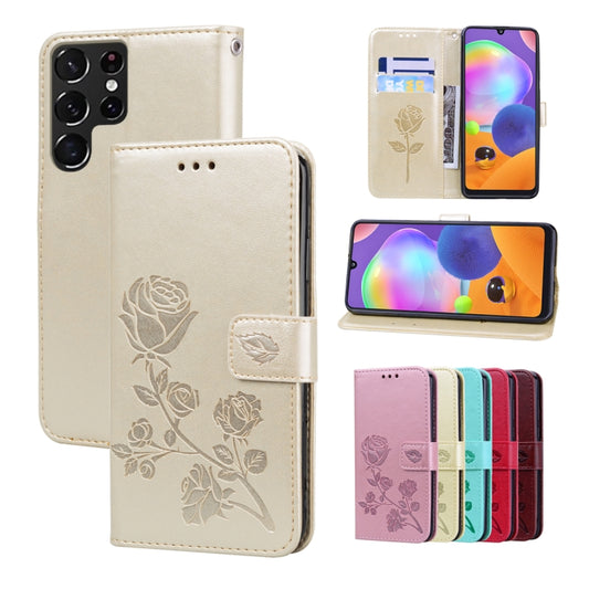 For Samsung Galaxy S22 Ultra 5G Rose Embossed Leather Phone Case(Gold) - Galaxy S22 Ultra 5G Cases by buy2fix | Online Shopping UK | buy2fix