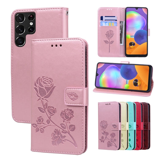 For Samsung Galaxy S22 Ultra 5G Rose Embossed Leather Phone Case(Rose Gold) - Galaxy S22 Ultra 5G Cases by buy2fix | Online Shopping UK | buy2fix