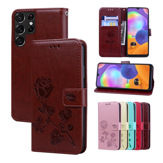 For Samsung Galaxy S22 Ultra 5G Rose Embossed Leather Phone Case(Brown) - Galaxy S22 Ultra 5G Cases by buy2fix | Online Shopping UK | buy2fix
