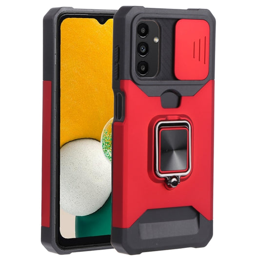 Sliding Camera Cover Design PC + TPU Shockproof Phone Case with Ring Holder & Card Slot For Samsung Galaxy A13 4G/Galaxy A13 5G /Galaxy A13 Lite/Galaxy A04/Galaxy A04S/Galaxy A04E 4G(Red) by buy2fix
