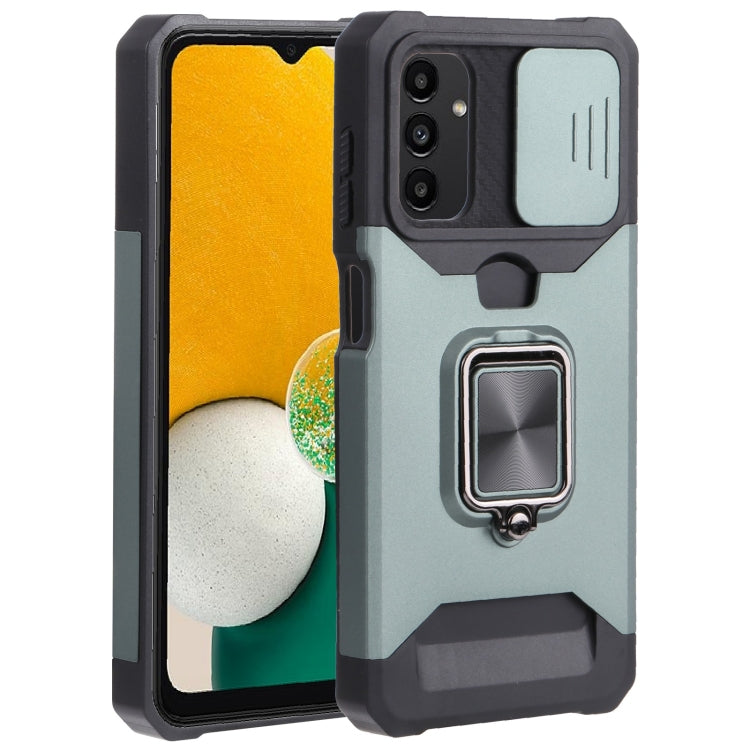 Sliding Camera Cover Design PC + TPU Shockproof Phone Case with Ring Holder & Card Slot For Samsung Galaxy A13 4G/Galaxy A13 5G /Galaxy A13 Lite/Galaxy A04/Galaxy A04S/Galaxy A04E 4G(Dark Green) by buy2fix