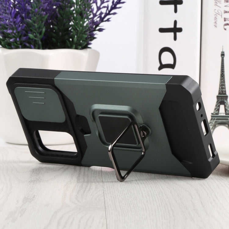 Sliding Camera Cover Design PC + TPU Shockproof Phone Case with Ring Holder & Card Slot For Samsung Galaxy A13 4G/Galaxy A13 5G /Galaxy A13 Lite/Galaxy A04/Galaxy A04S/Galaxy A04E 4G(Dark Green) by buy2fix