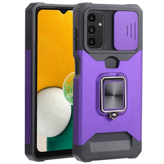 Sliding Camera Cover Design PC + TPU Shockproof Phone Case with Ring Holder & Card Slot For Samsung Galaxy A13 4G/Galaxy A13 5G /Galaxy A13 Lite/Galaxy A04/Galaxy A04S/Galaxy A04E 4G(Purple) by buy2fix
