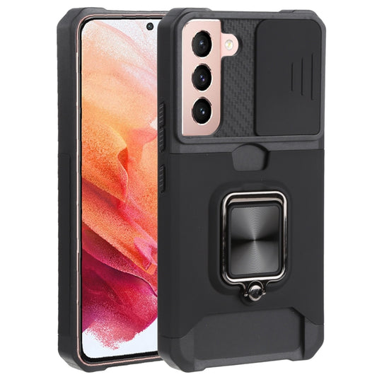 For Samsung Galaxy S22 5G Sliding Camera Cover Design PC + TPU Shockproof Phone Case with Ring Holder & Card Slot(Black) - Galaxy S22 5G Cases by buy2fix | Online Shopping UK | buy2fix