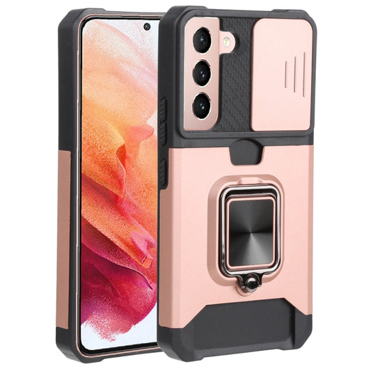 For Samsung Galaxy S22 5G Sliding Camera Cover Design PC + TPU Shockproof Phone Case with Ring Holder & Card Slot(Rose Gold) - Galaxy S22 5G Cases by buy2fix | Online Shopping UK | buy2fix