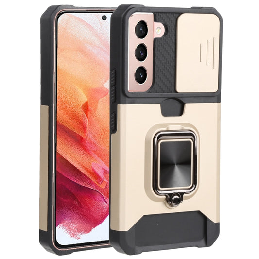 For Samsung Galaxy S22 5G Sliding Camera Cover Design PC + TPU Shockproof Phone Case with Ring Holder & Card Slot(Gold) - Galaxy S22 5G Cases by buy2fix | Online Shopping UK | buy2fix