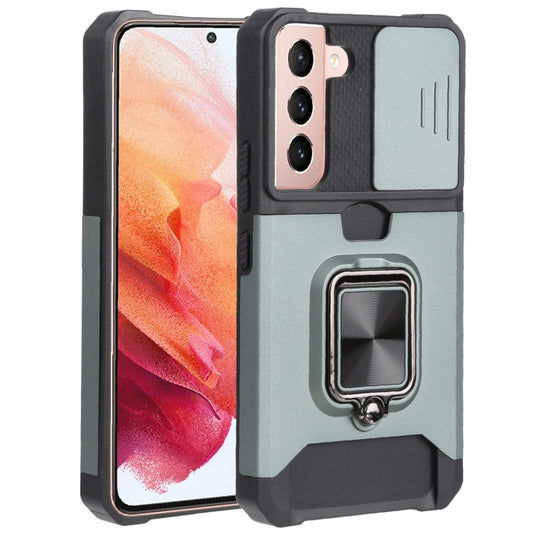 For Samsung Galaxy S22 5G Sliding Camera Cover Design PC + TPU Shockproof Phone Case with Ring Holder & Card Slot(Dark Green) - Galaxy S22 5G Cases by buy2fix | Online Shopping UK | buy2fix