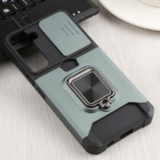 For Samsung Galaxy S22 5G Sliding Camera Cover Design PC + TPU Shockproof Phone Case with Ring Holder & Card Slot(Dark Green) - Galaxy S22 5G Cases by buy2fix | Online Shopping UK | buy2fix