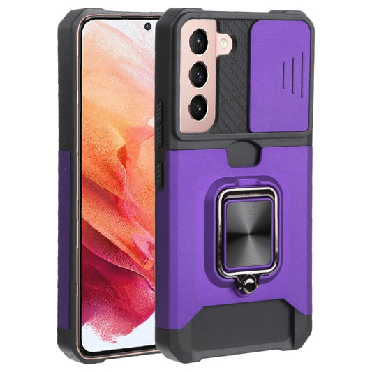 For Samsung Galaxy S22 5G Sliding Camera Cover Design PC + TPU Shockproof Phone Case with Ring Holder & Card Slot(Purple) - Galaxy S22 5G Cases by buy2fix | Online Shopping UK | buy2fix