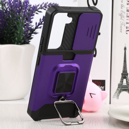 For Samsung Galaxy S22 5G Sliding Camera Cover Design PC + TPU Shockproof Phone Case with Ring Holder & Card Slot(Purple) - Galaxy S22 5G Cases by buy2fix | Online Shopping UK | buy2fix