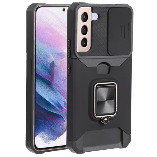For Samsung Galaxy S22+ 5G Sliding Camera Cover Design PC + TPU Shockproof Phone Case with Ring Holder & Card Slot(Black) - Galaxy S22+ 5G Cases by buy2fix | Online Shopping UK | buy2fix