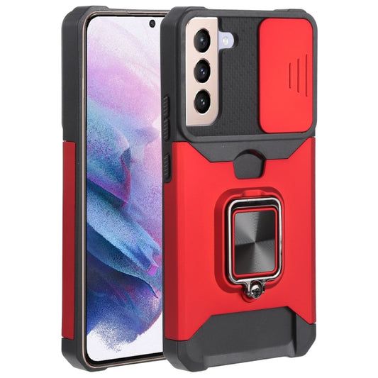 For Samsung Galaxy S22+ 5G Sliding Camera Cover Design PC + TPU Shockproof Phone Case with Ring Holder & Card Slot(Red) - Galaxy S22+ 5G Cases by buy2fix | Online Shopping UK | buy2fix