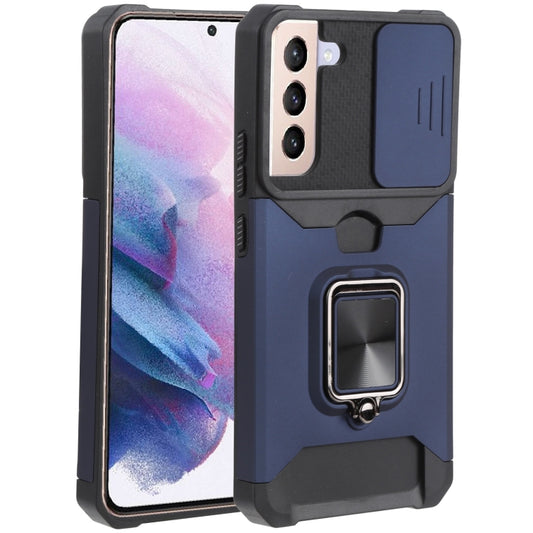 For Samsung Galaxy S22+ 5G Sliding Camera Cover Design PC + TPU Shockproof Phone Case with Ring Holder & Card Slot(Blue) - Galaxy S22+ 5G Cases by buy2fix | Online Shopping UK | buy2fix