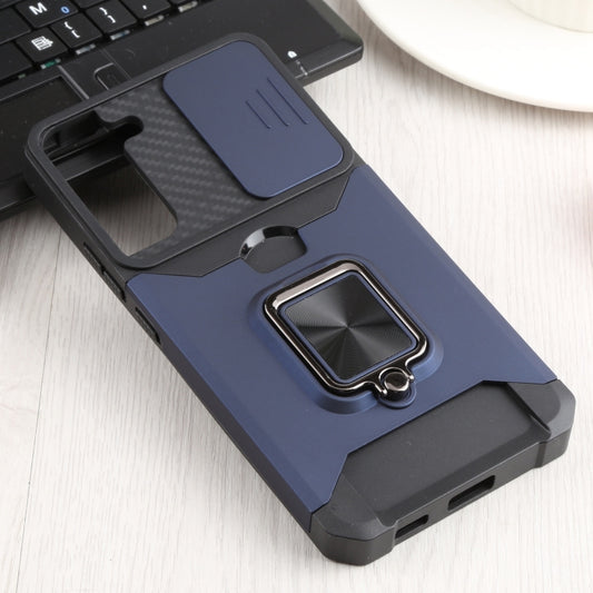 For Samsung Galaxy S22+ 5G Sliding Camera Cover Design PC + TPU Shockproof Phone Case with Ring Holder & Card Slot(Blue) - Galaxy S22+ 5G Cases by buy2fix | Online Shopping UK | buy2fix