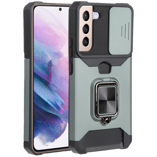 For Samsung Galaxy S22+ 5G Sliding Camera Cover Design PC + TPU Shockproof Phone Case with Ring Holder & Card Slot(Dark Green) - Galaxy S22+ 5G Cases by buy2fix | Online Shopping UK | buy2fix
