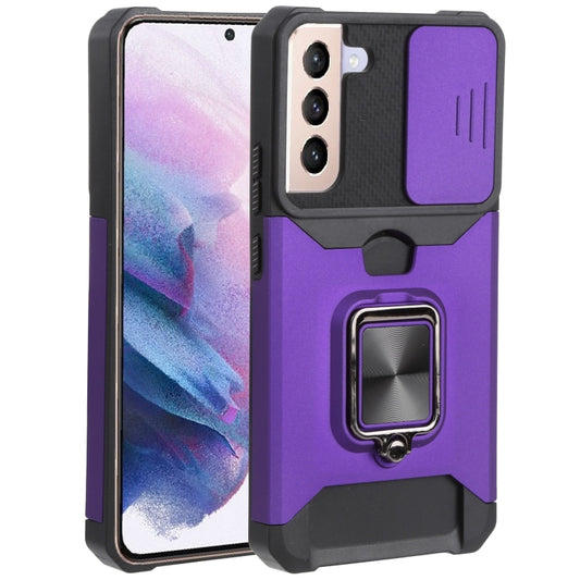 For Samsung Galaxy S22+ 5G Sliding Camera Cover Design PC + TPU Shockproof Phone Case with Ring Holder & Card Slot(Purple) - Galaxy S22+ 5G Cases by buy2fix | Online Shopping UK | buy2fix